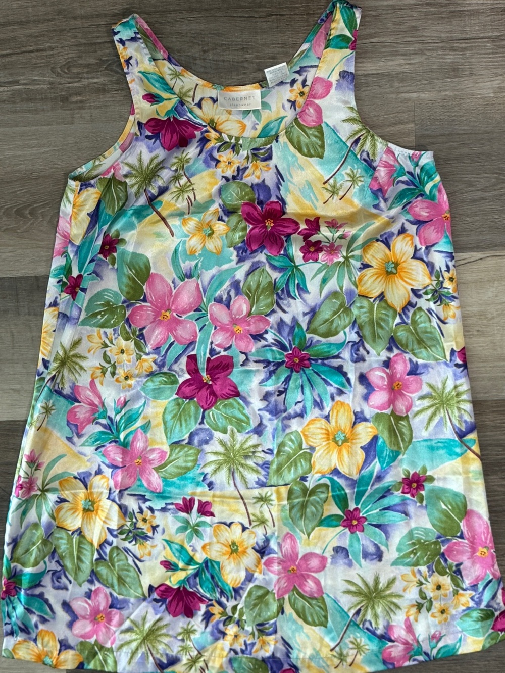 Cabernet Tropical Floral Scoop Neck Tank Slip Nightie in Pink, Yellow & Teal